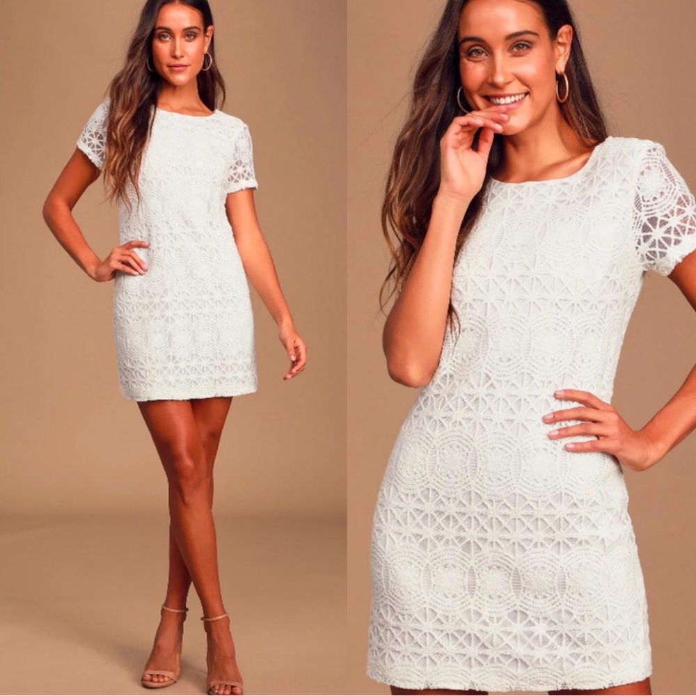 NWT Lulu’s Love You for Eternity Elegant White Lace Shift Dress